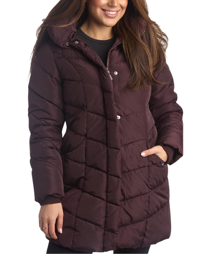 Steve Madden womens Long Quilted Outerwear Chevron Puffer Jacket Down Alternative Coat, Merlot, 2X US - Image 1